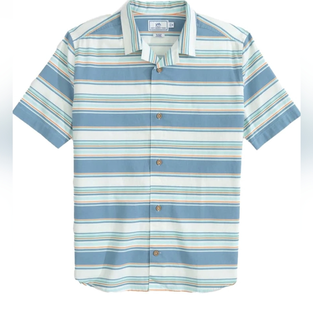 NWT Southern Tide Madeira Stripe Short-Sleeve Woven Camp Shirt Men's Med…